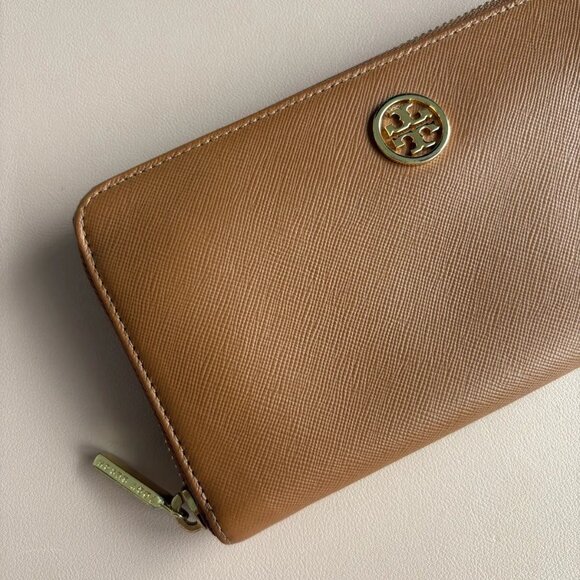 Tory Burch Continental Zip Around Wallet | Brown Brushed Saffiano Leather - Picture 1 of 5